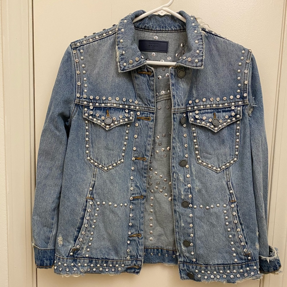 BlankNYC studded rhinestone destroyed denim jacket